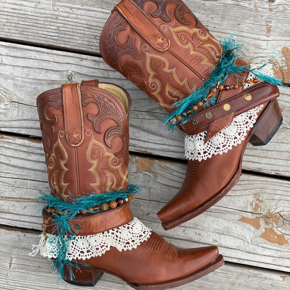Sz 6.5 Tall Cowgirl Boots with turquoise fringe